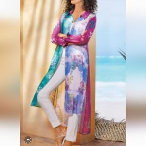 Soft Surroundings Calaflores chiffon floral asymmetrical topper kimono dress S